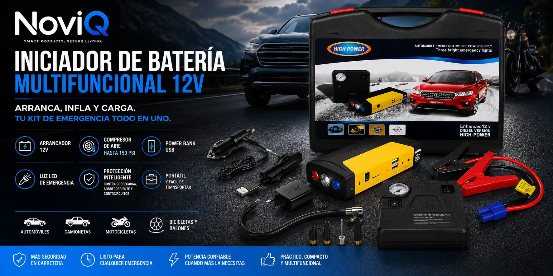 Iniciador de Batería Multifuncional 12V con Compresor de Aire y Power Bank Portátil