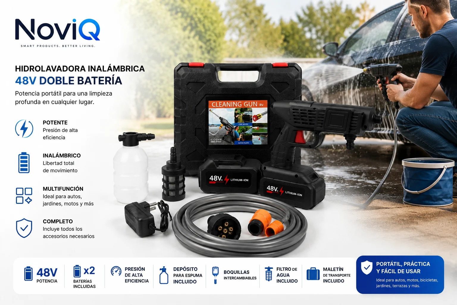 Hidrolavadora Portátil Inalámbrica 48V Doble Batería con Kit Completo y Maletín