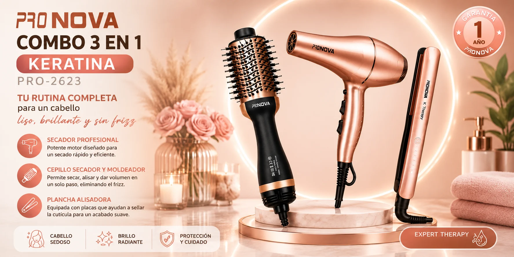 Combo Pronova Keratina 3 en 1 con secador profesional cepillo moldeador y plancha alisadora color rose gold